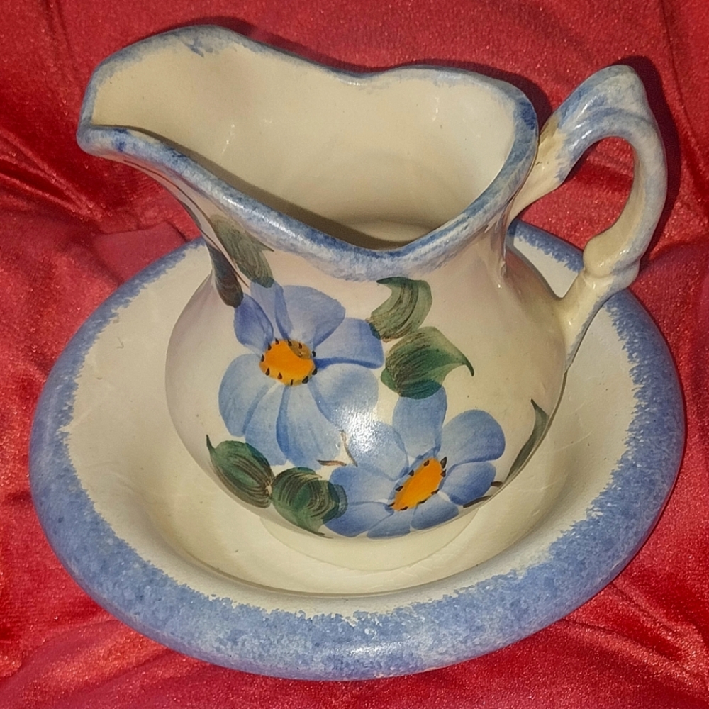 Floral Blue and Cream Ceramic Pitcher and Bowl Set